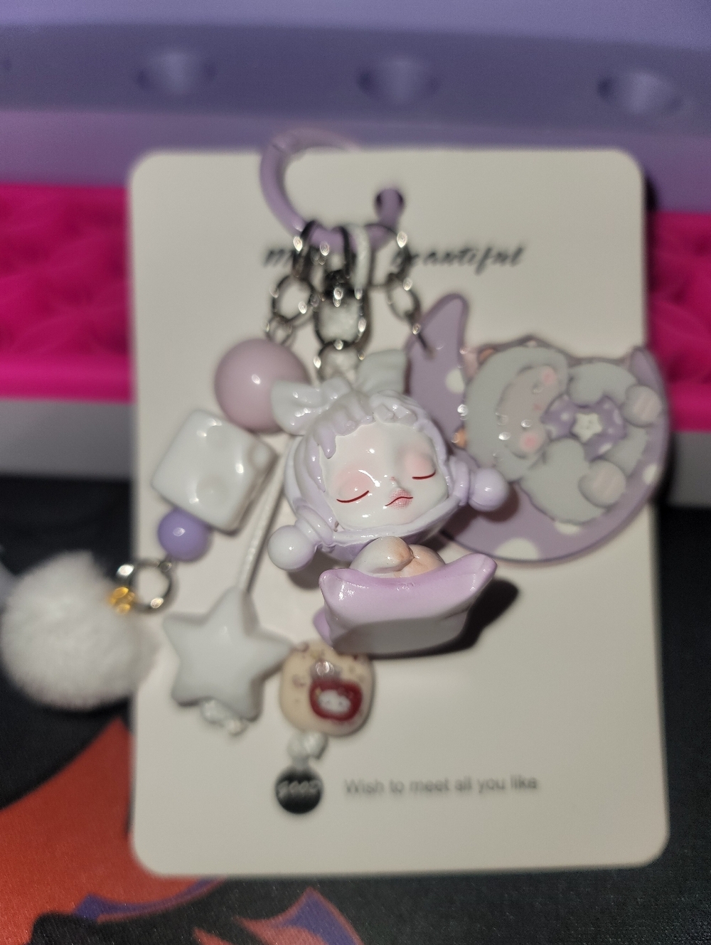 NWT-  Cusrom Skull Panda Themed Cute Lavender Sleeping Girl Keychain Charm